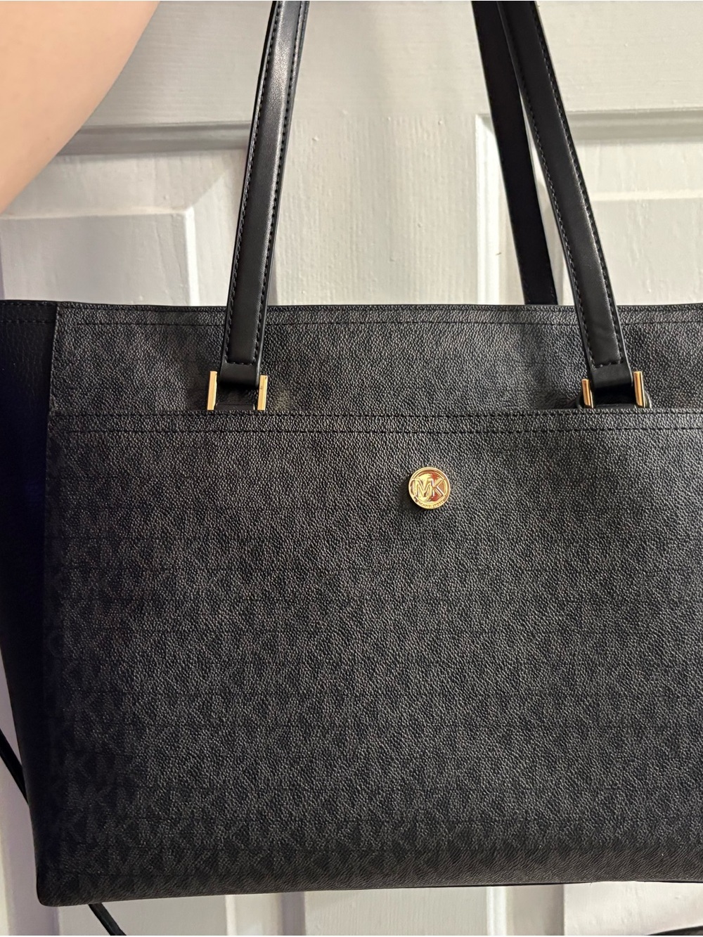 Michael Kors Black Logo Tote with Gold MK Medallion